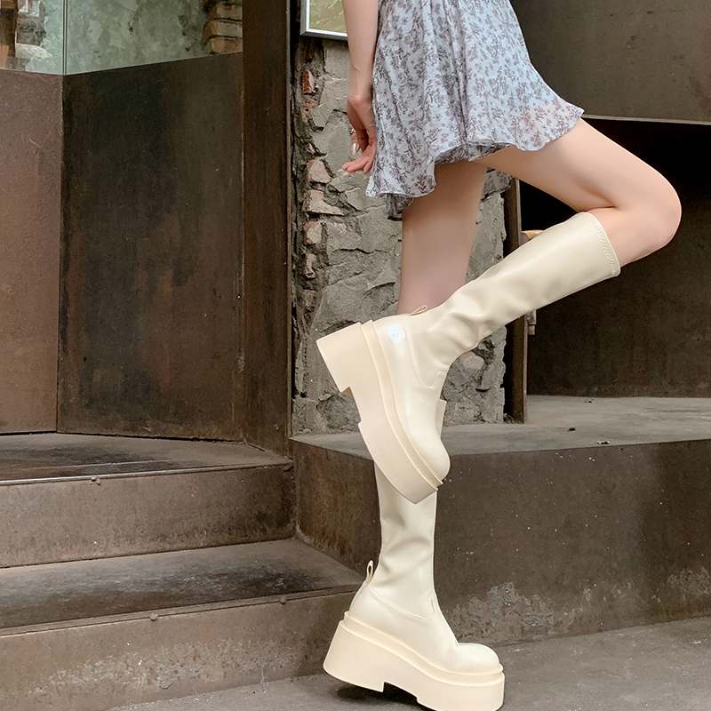 Krazing Pot Genuine Leather Spring Winter Shoes Flat Platform Superstar Elastic Boots Retro Fashion Women Thigh High Boots