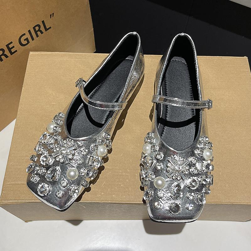 Women's Flat Shoes Spring New Square Head Shallow Mouth Glitter One Word Buckle Soft Sole Anti-slip Wear-resistant Single Shoes