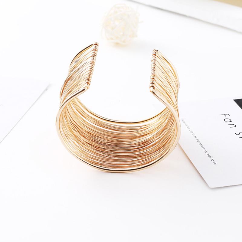 Women Multilayer Metal Wires Strings Open Bangle Wide Cuff Bracelet Jewelry