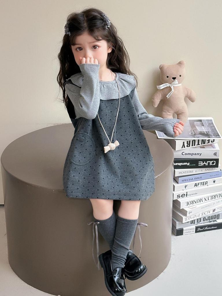 2025 Spring & Autumn Girls' Polka Dot Ruffle Princess Dress Set - Fashionable Two-Piece Outfit for Kids