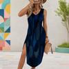 Women Plus Size U Neck Sleeveless Dark Blue Printed Midi Dress High Side Slit Curved Hem