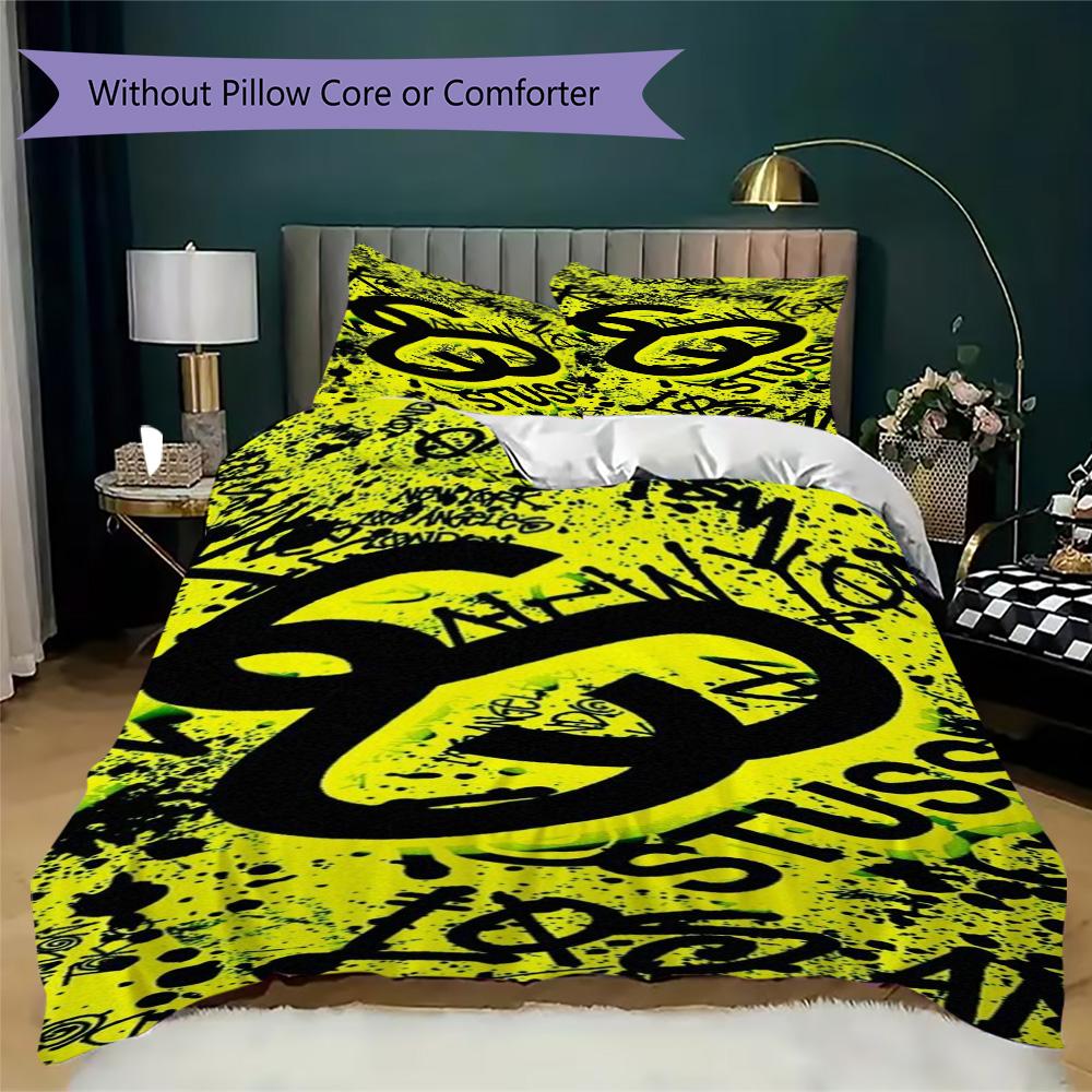 Neon Graffiti Logo 3Pcs Bedding Set, Colorful Glow Street Art Duvet Cover with 2 Pillowcases