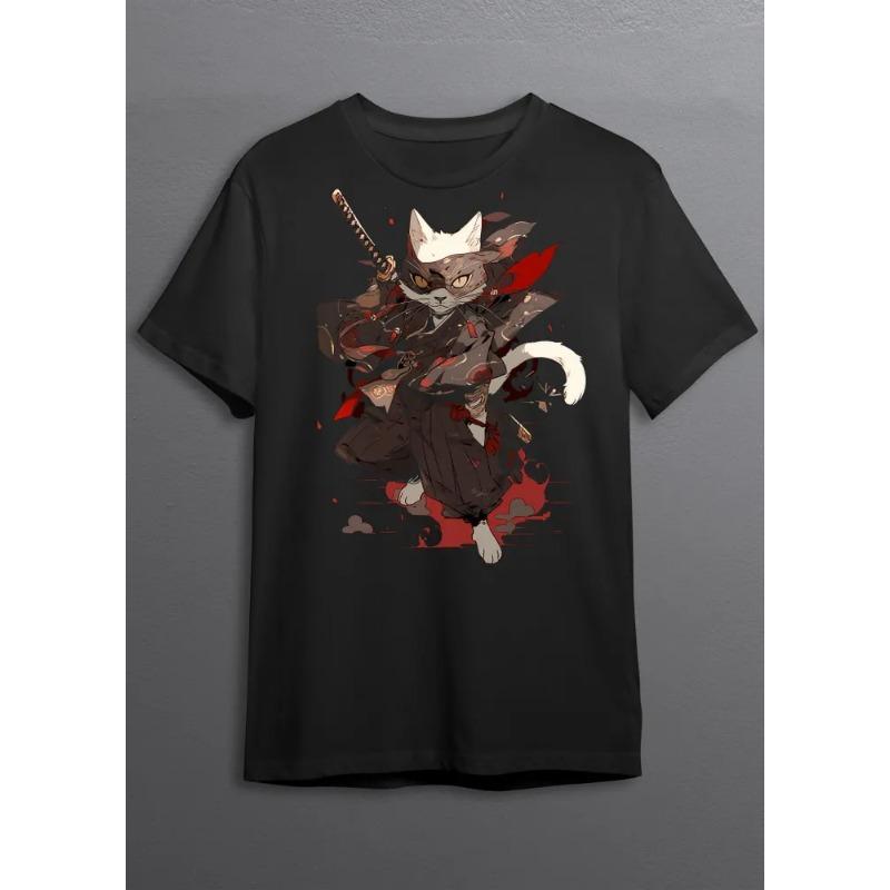 

Летний топ с круглым вырезом и принтом кота-воина, модная повседневная мужская футболка с коротким рукавом из чистого хлопка 3XL