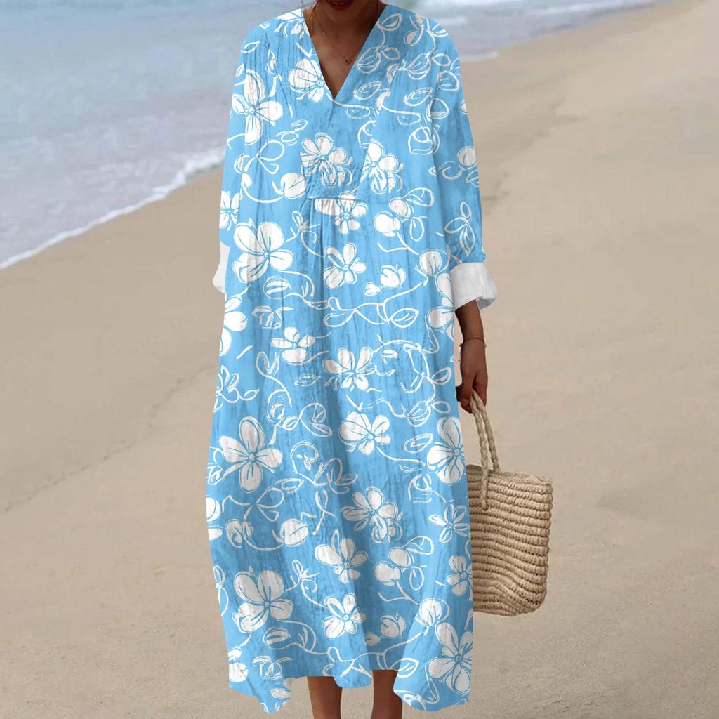 Γυναικείο Casual Μόδα Μακρύ Φόρεμα Μάξι με V Λαιμόκοψη και Μακρύ Μανίκι με Φλοράλ Μοτίβο