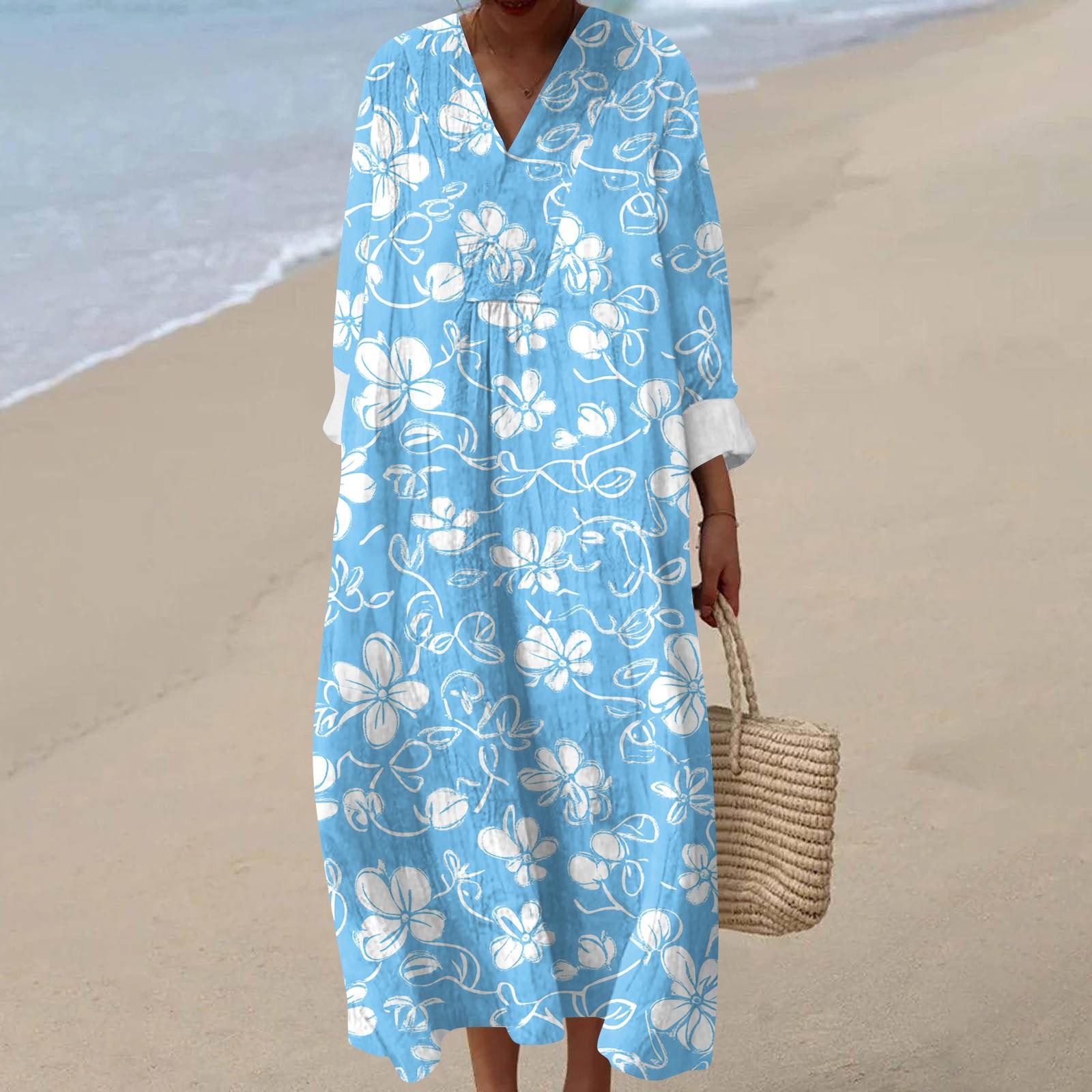 

Женское повседневное модное платье макси с V-образным вырезом и длинными рукавами с цветочным принтом XL синий