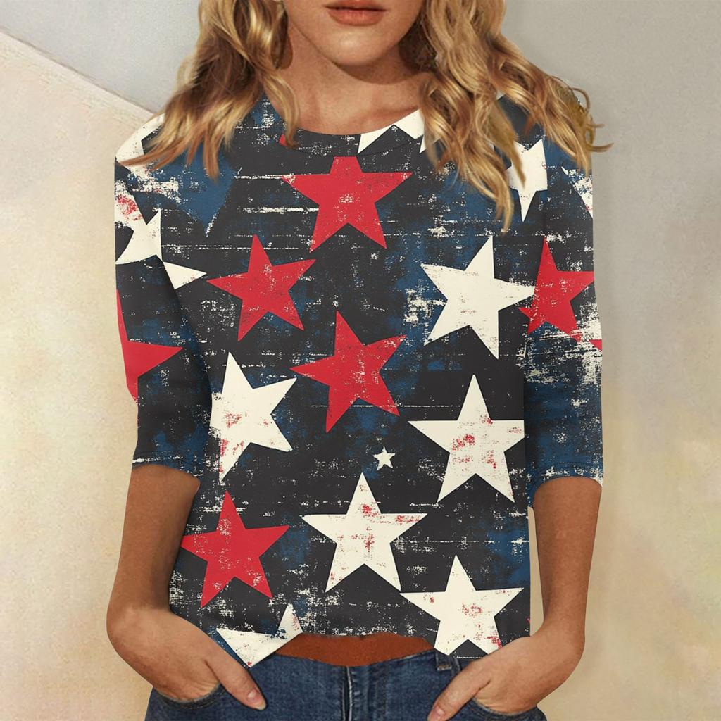 Dámské módní ležérní tričko s kulatým výstřihem a 3/4 rukávy volného střihu s potiskem Dne nezávislosti dámský top