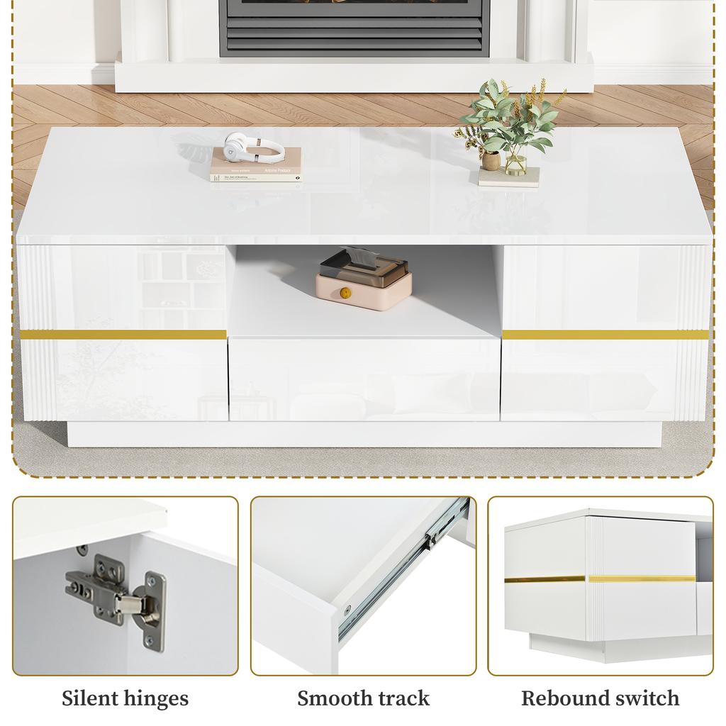 Modern Coffee Table with LED Lighting, Sofa Table, Semi-Open Shelf & 2 Doors, up to 30 kg Load Capacity, White + Golden Accents, 100×50×35.5cm