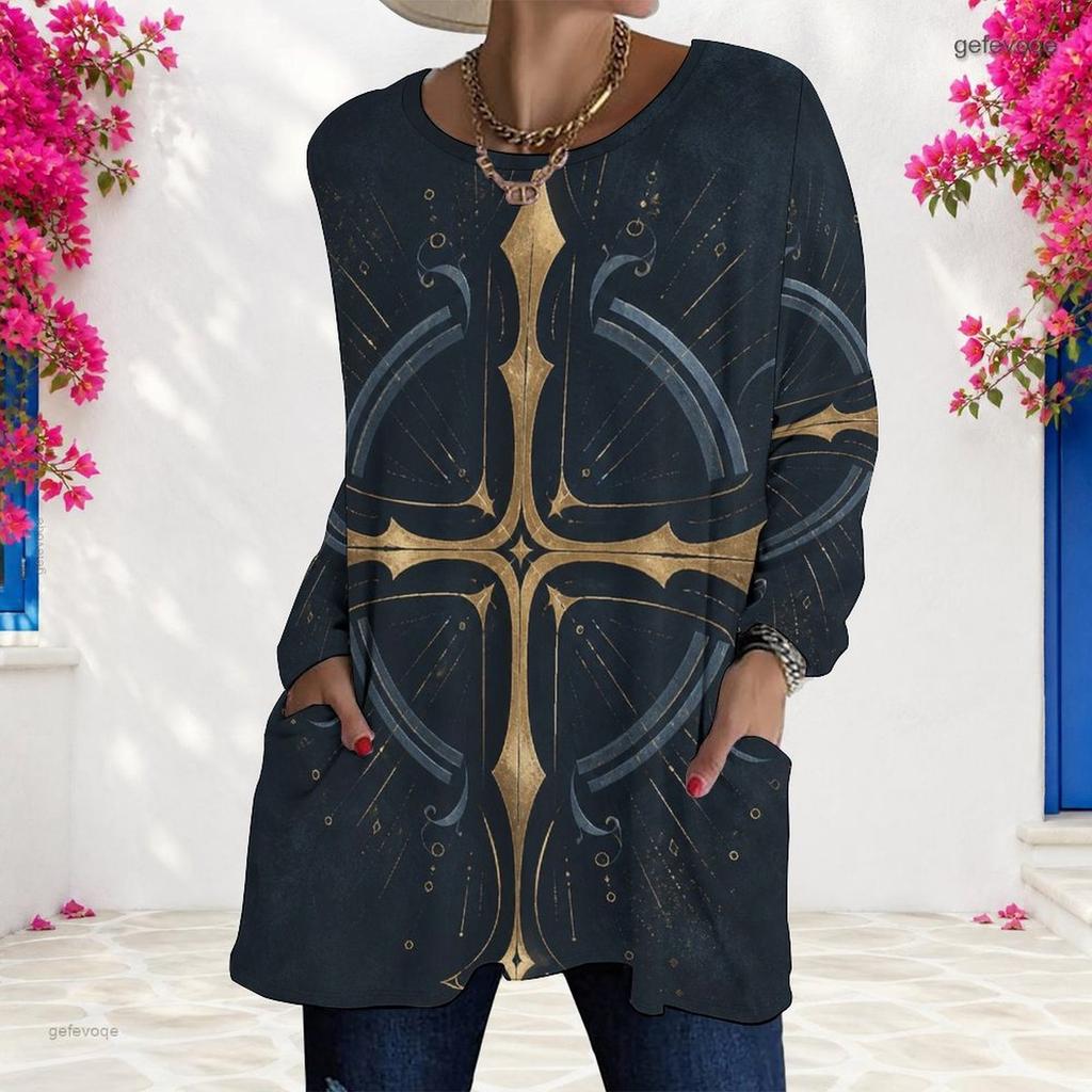 Women Plus Size Round Neck Long Sleeve Red Blue Star Print Loose T Shirt With Pockets