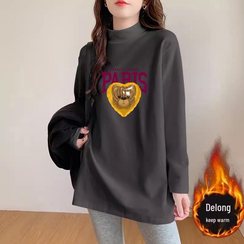 

Женская белая футболка-свитшот средней длины с полувысоким воротником и утолщенным дизайном для весны/осени, идеально сочетается с брюками-акула. L серый