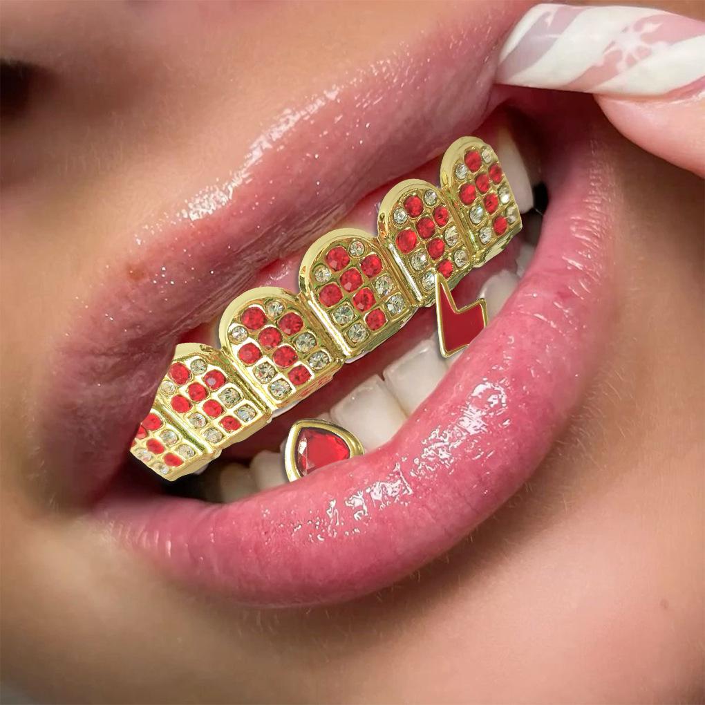 Stylish Hip Hop Grillz Set: Red Diamond Cross & Lightning Gold золотой