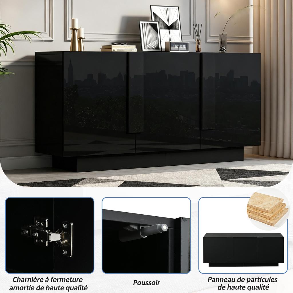 Wohnzimmer Sideboard (35 x 160 x 60 cm), Schrank mit 3 Türen, Hochglanz-Stauraum, 6 Regalfächer, Breit, Schwarz, Spanplatte, Leicht zu reinigen