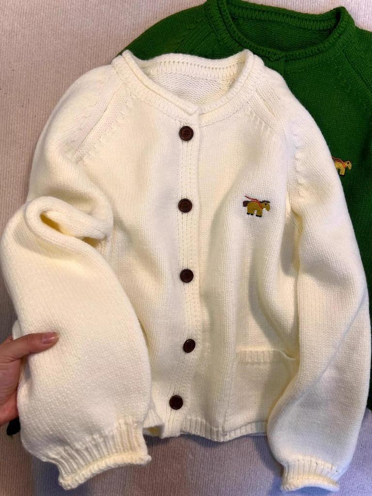 Damen Retro Grün Strick Cardigan Pullover Mantel - Herbst 2025, Neuer Lockerer Weicher Stil