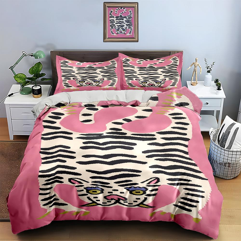Pink Tiger Motif Bedding Duvet Cover Sets Duvet Covers Pillowcases Gifts (1 * Duvet Cover 2 * Pillowcases, Without Duvet Insert)