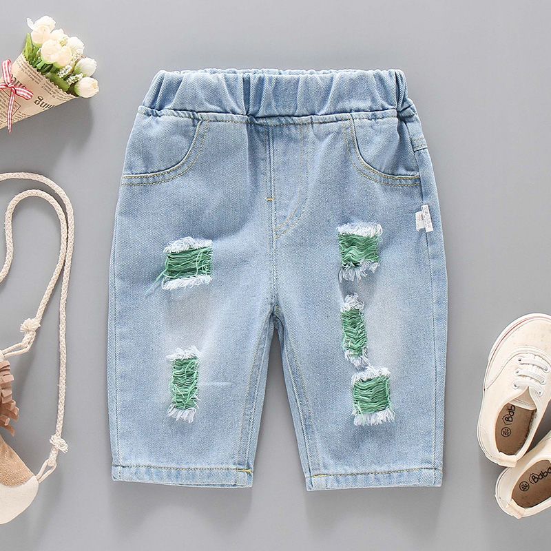 

Детские летние шорты для верхней одежды джинсы для мужской моды рваные брюки средней длины новые детские брюки 130 зелёный