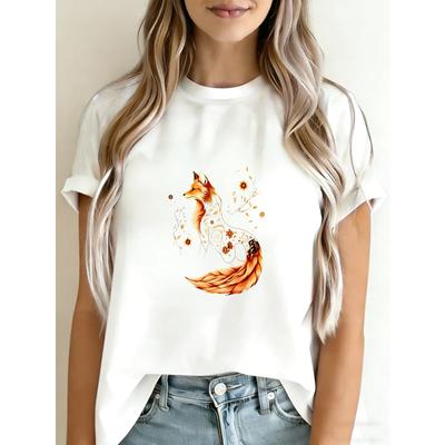 Damen Freizeit T-Shirt Weißer Fuchs Blumendruck Sommer Oberteil für den Alltag