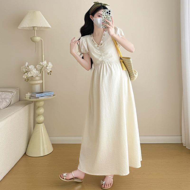 2026 Summer Maternity Dress: Elegant Neckline with Sequins, Loose Fit M