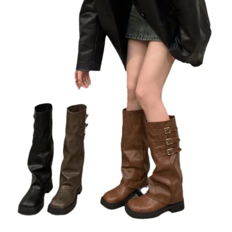 Winter Platform Women Long Boots Fashion Back Suded Knee High Boots Female Elegant Square Heel Women's Pumps
