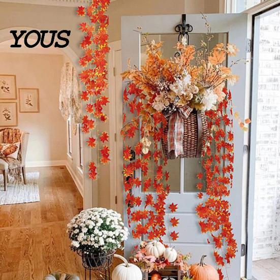 Orange Red Autumn Leaf Decor Artificial Maple Garland, Hanging Plant Fake Fall Wall Rattan, Gradient Leaves for Thanksgiving Home Foliage Vines