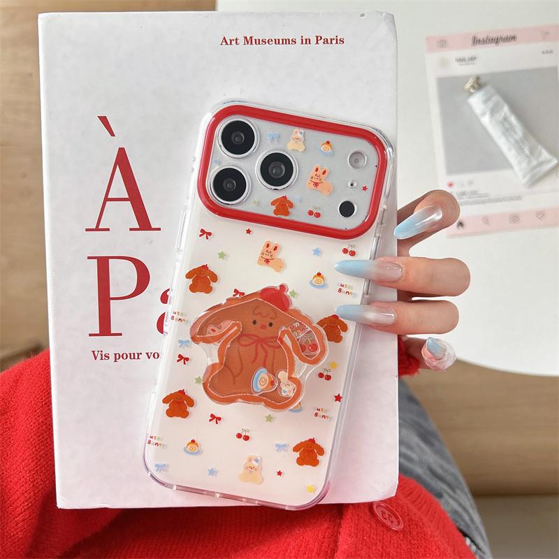 Kawaii Gingerbread Dog 3D Pop Stand Clear Phone Case For iPhone 15 16 17 Pro Max INS Cute Shockproof Protective Cover