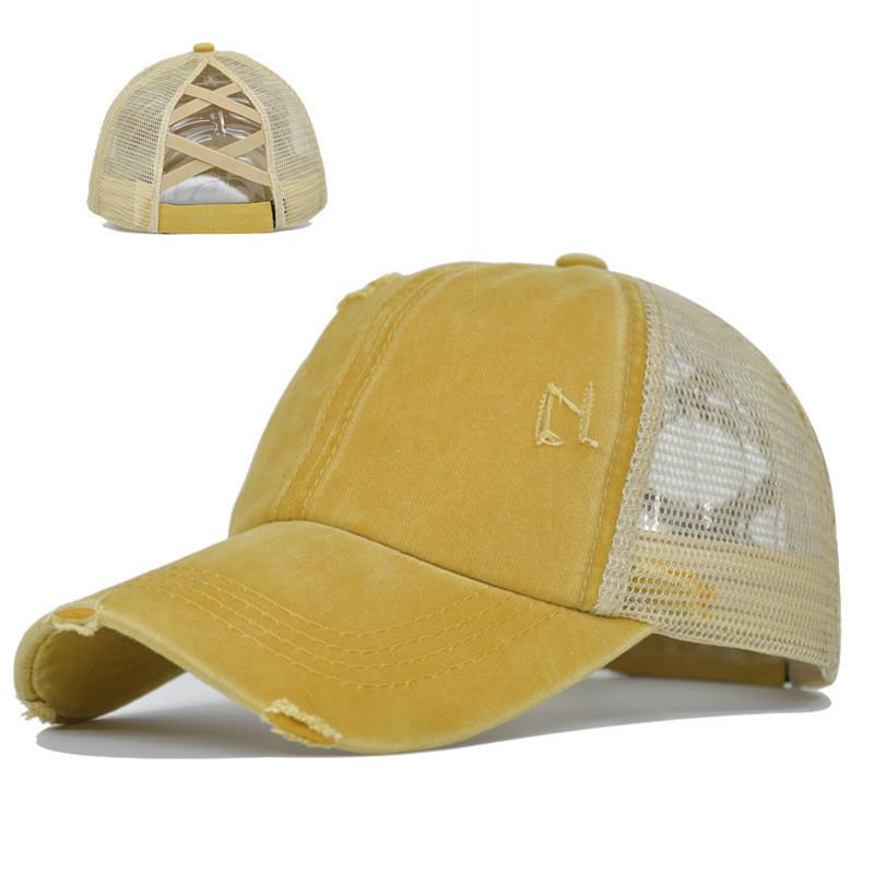 Baseball Cap Womens Cotton Mesh With Crossed Ponytail Openings For Summer Casual Wear