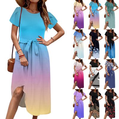 Damen Lässig Niedlich Musterdruck Rundhals Midi Kleid Basic Klassisch Outdoor Alltag Kurzarm Lockeres Kleid
