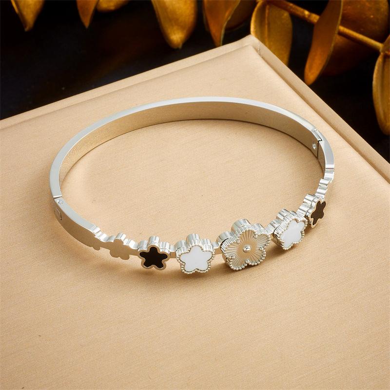 Gold Plated Clover Flower Shell Open Cuff Bangle – Dainty Vintage Jewelry, Luck Gift for Women