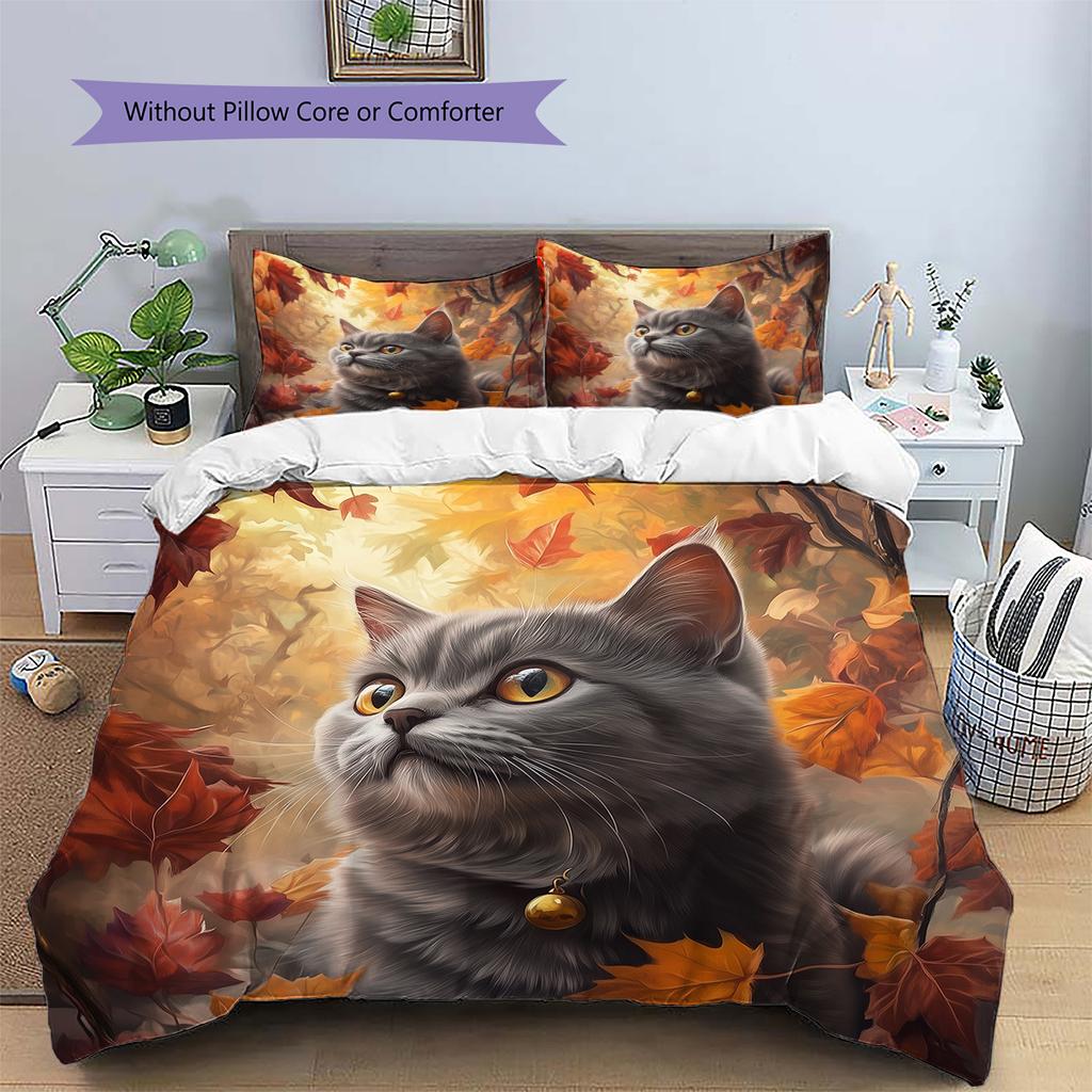 Maple Leaf Cat  Pattern Bedding Quilt Set Quilt Cover Pillowcase Home Decoration  Gift (1 * duvet cover + 2 * pillowcase, without core)