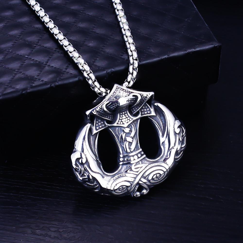 European Viking Titanium Steel Rune Necklace with Stainless Steel Spearhead and Compass Pendant