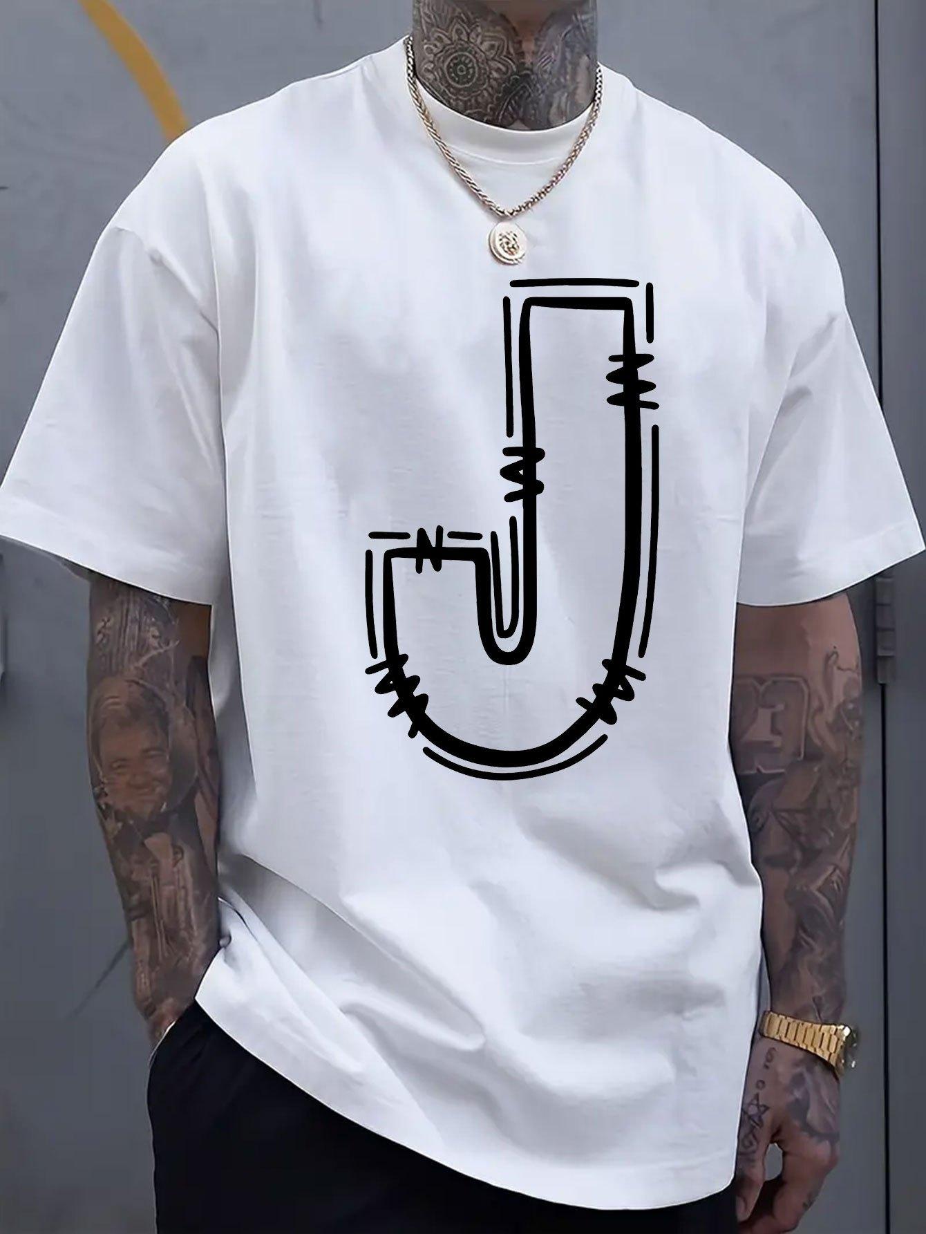 Casual Cotton T-shirt with Bold J-Letter Graphic Print - Breathable Short Sleeve Round Neck Tee XXXXL