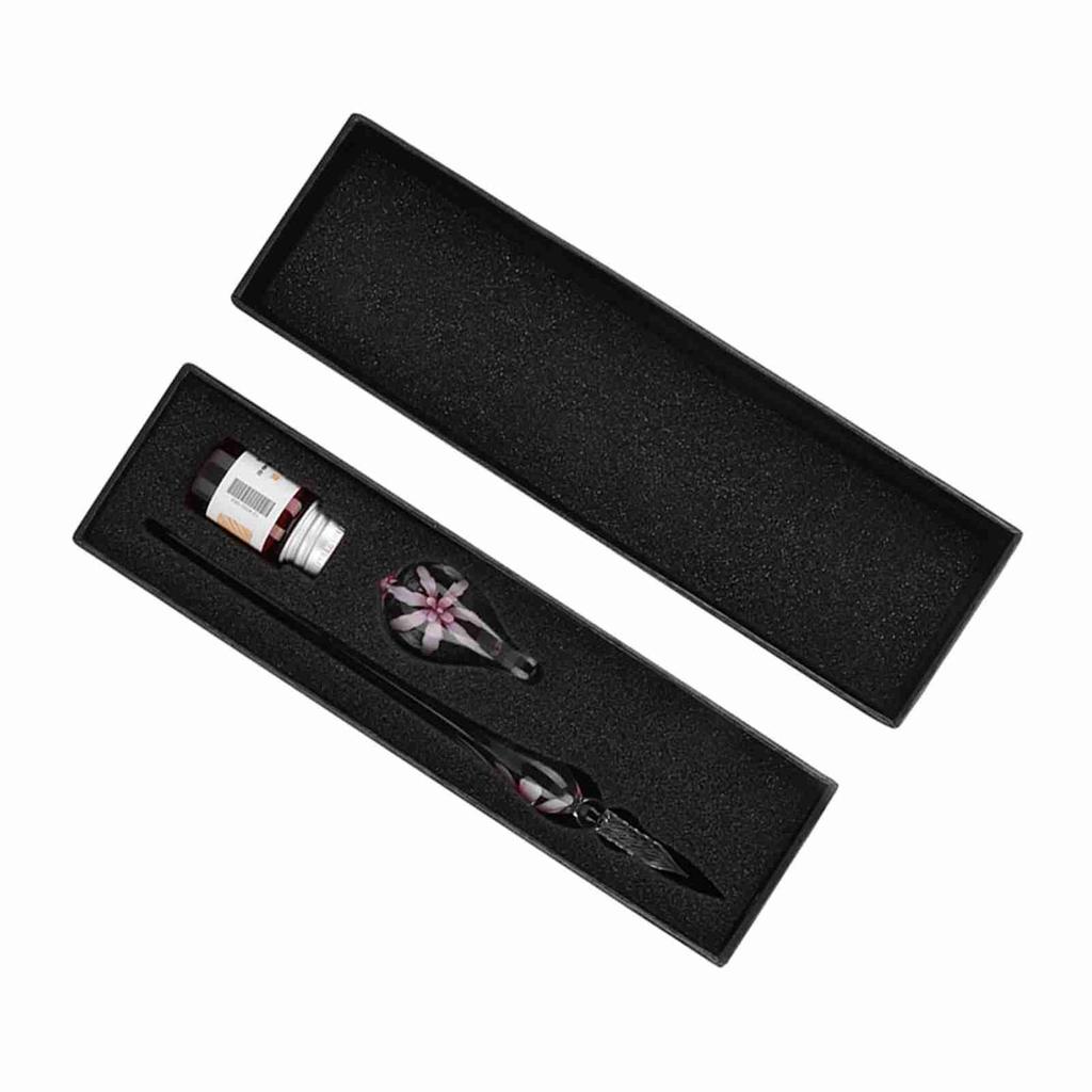 Retro   Elegant Flower Glass Dip Pen Signature Ink Fountain Pen with Ink Penholder Pink