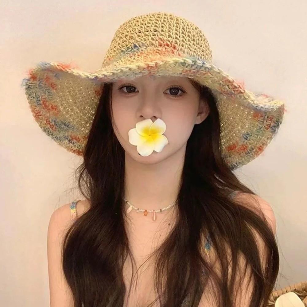 Fashionable Wide Brim Woven Hat Sun Protection Colorful Straw Hat Panama Cap Summer