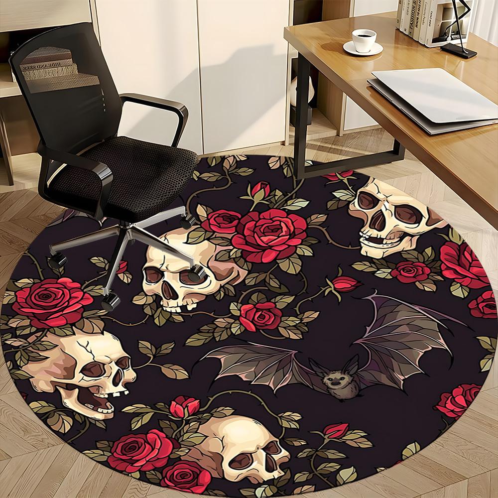 1pc Skull Roses Bats Pattern Office Round Rug, Carpet for Office, Gaming, Lightweight Round Floor Mat Yy260208090