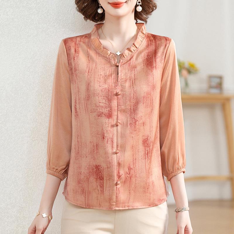 2025 New Spring/Autumn Fashion Set for Middle-Aged Women: Seven-Sleeve Chiffon Blouse