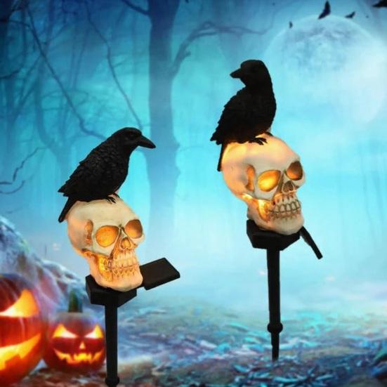 Horror Party Gifts for Collectors LED Solar Crow Skull Light, Waterproof Halloween Pathway Gothic Spooky Yard Decorations Holidays on Skeleton
