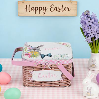 Easter Biscuit Storage Box Portable Tinplate Candy Box with 2 Handles Empty Tin Case Cookie Candy Storage Container for Easter Festival Party Supplies