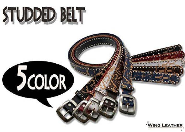 WING LEATHER Italian Leather Casual Belt, Genuine Leather, Cowhide, Studs, Men's, Black, White, Dark Brown, Red, 40mm, Distressed Finish, GTC004BK
