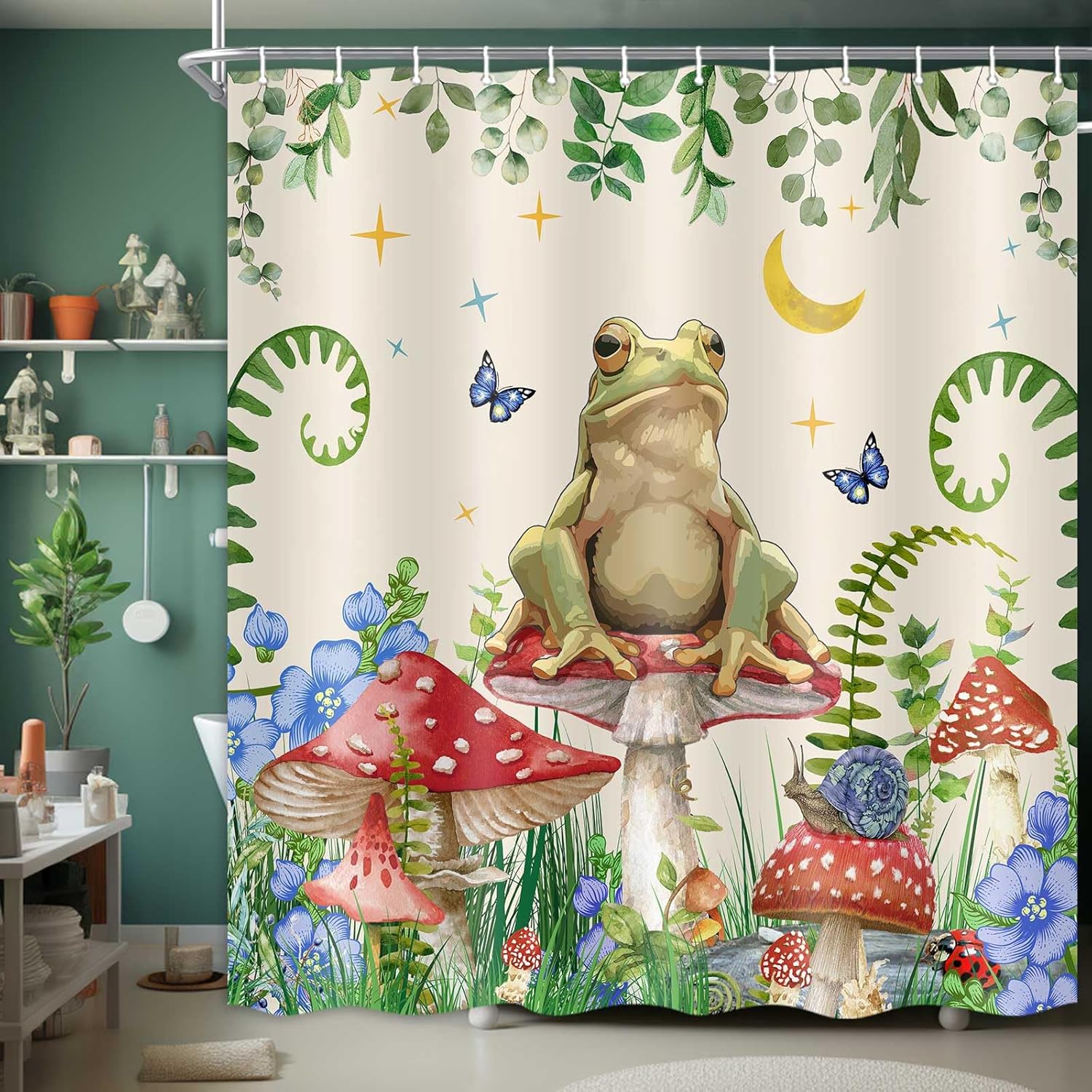

Mushroom Printed Shower Curtain Boho Moon Stars Aesthetic Floral Frog For Bathroom Decor W60H190(CM)-1 Pcs