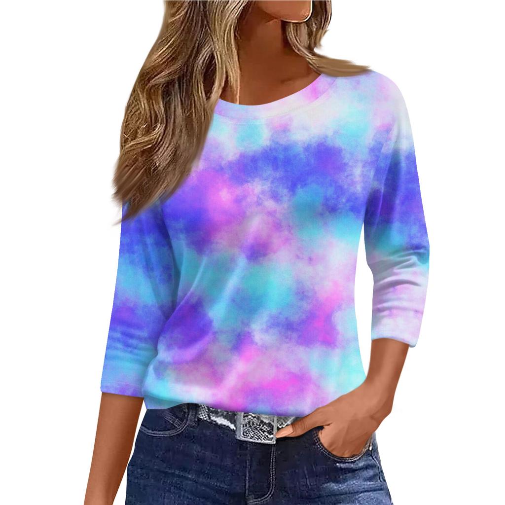 Women's Fashion Casual Round Neck 3/4 Sleeve Loose  Printed T,Shirt Ladies Top