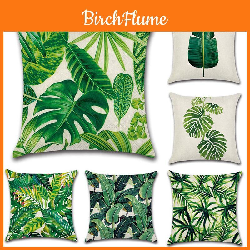 Luxurious 18'' Green Tropical Plant Pillow Case Cotton Sofa Cushion Cover Decorative