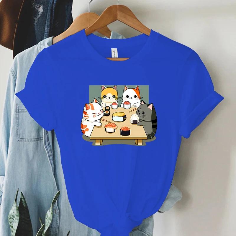 Cat Party Kawaii T Shirt Women Summer Tops Sushi Graphic T Shirts Casual Fashion Tee Shirt Trendy Korean Streetwear Y2k Tees