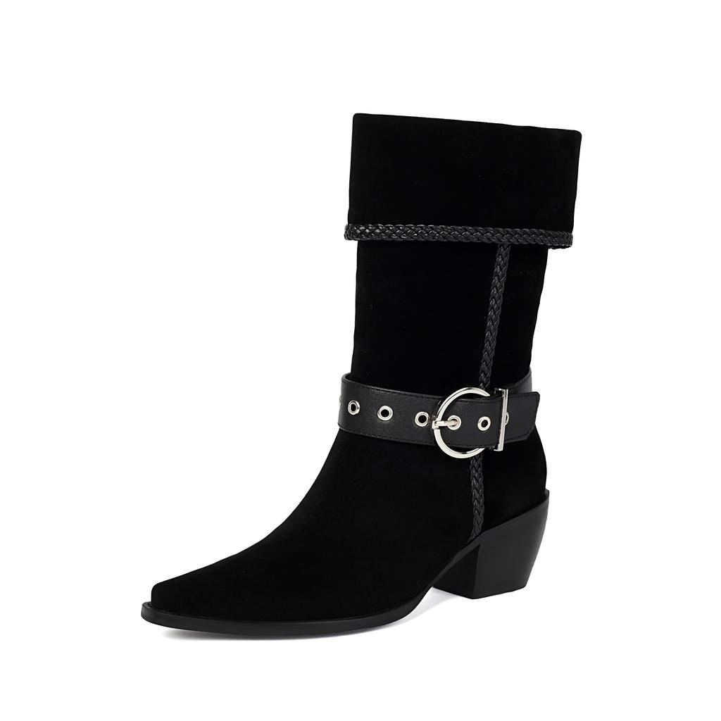 Krazing Po Flock Winter Pointed Toe Size 33 Western Boots Size 43 Metal Buckle Thick Heels Mid-calf Boots