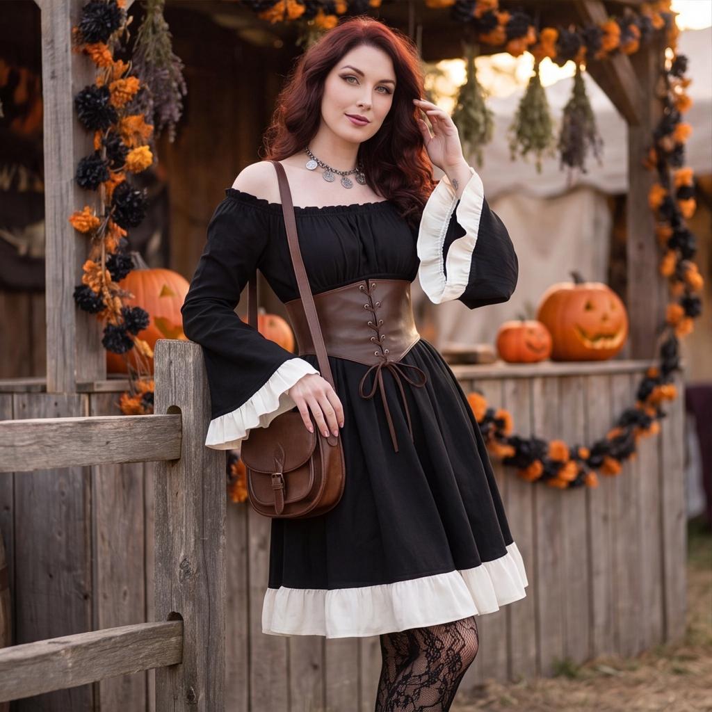Womens Medieval Renaissance Dress Off Shoulder Gothic Style Corset Waist Vintage Long Sleeve Flared Skirt Costume for Halloween or Themed Events