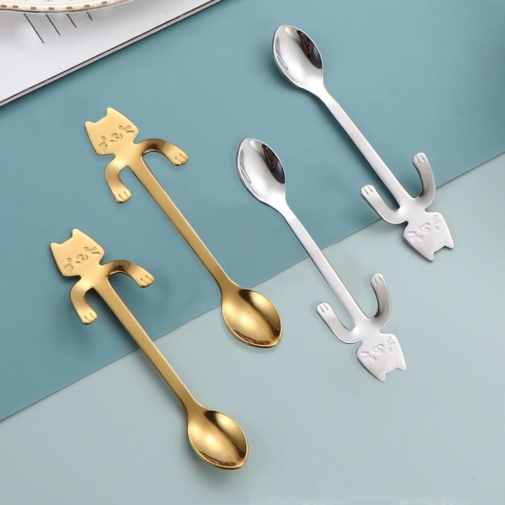 4PCS Stainless Steel Cute Mini Cat Spoon for Tea, Ice Tea, Coffee, Desserts, and Mixing Drinks (2 Gold+2 Siliver)