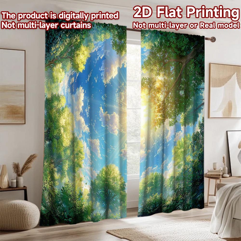 2D flat printing 2pcs Curtains Anime Sky Sun Trees Digital Printed Polyester Drapes Family Party Use for living room decor for