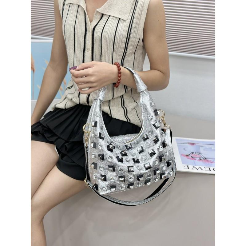 Stylish Rhinestone-Embellished Large Capacity Tote Bag Women Crossbody Commuter Shoulder In White Red Black Gold
