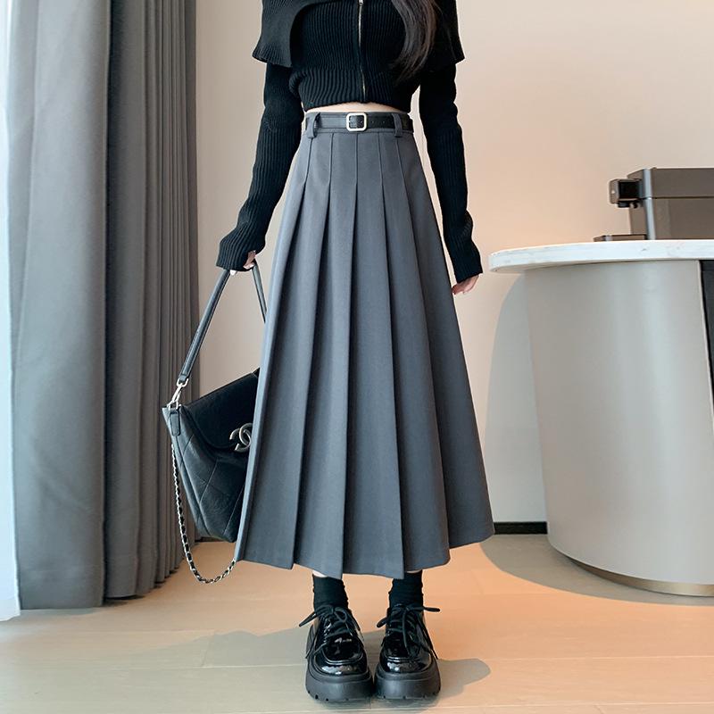Wool Blend High-Waist Midi Skirt for Women - Autumn/Winter Pleated Belt Style, Plus Size, Vintage and Thickened.