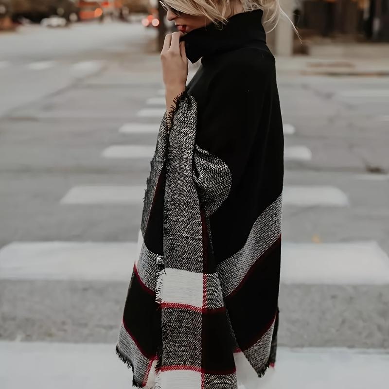 Plus Size Women's Plaid Oversized Batwing Shawl Collar Sweater Coat Soft Stretch, Autumn Winter Warmth, Casual Chic Layering Essential