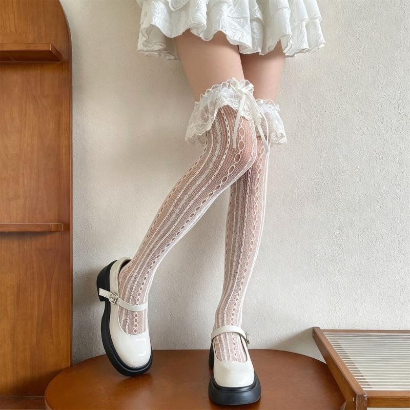 Fishnet Over The Knee Socks With Ruffle Lace Edging And Ribbon Bows Accent Aesthetic Thigh High Stockings For Women