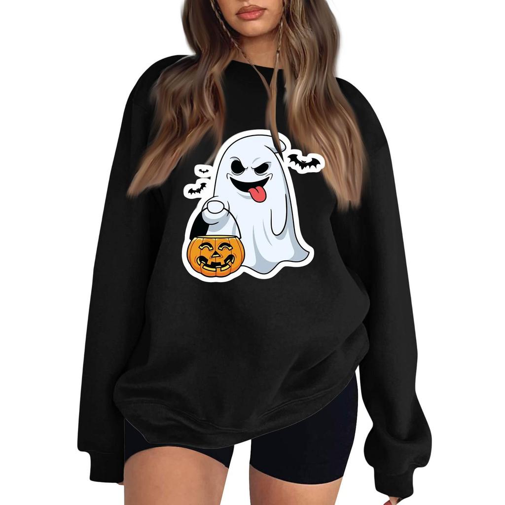 Women's Color Neck Long Sleeve Loose Fit Sweatshirt with Halloween Print