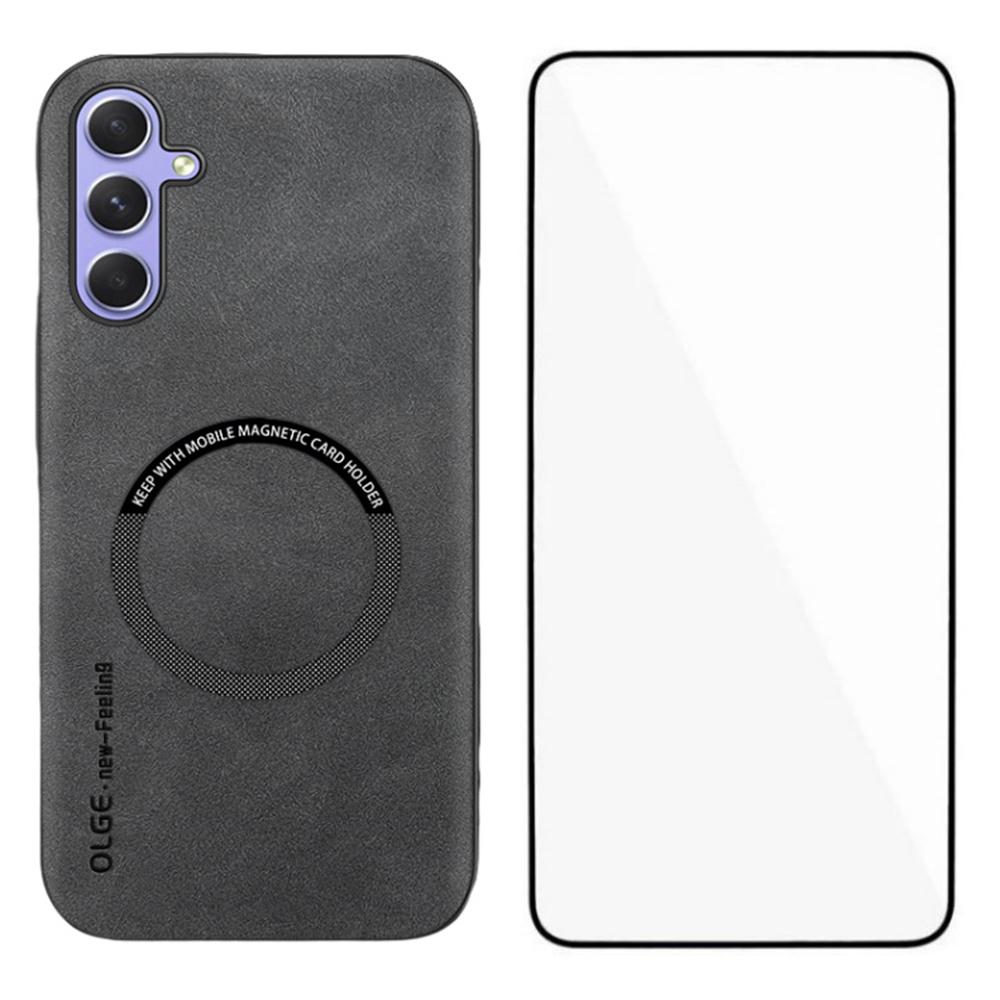 WANLONFENG YBP Series For Samsung Galaxy A24 4G (162.1mm) Magnetic Case with Tempered Glass Film PU+TPU Phone Cover Large Cutout